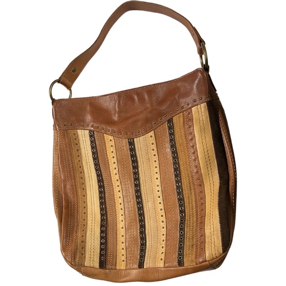 Fossil leather studded riveted western boho shoulder bag suede neutral - Picture 2 of 12